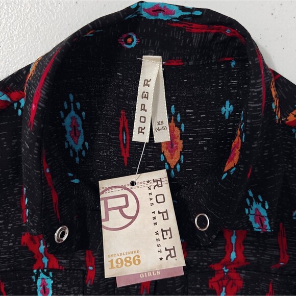 Roper Western Shirt S Youth Girls 4 / 5 Small Black Aztec Red Blue Snaps NWT New - Picture 5 of 8